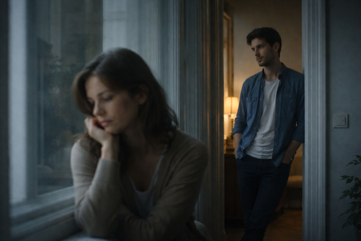 Two people close to each other but with a subtle emotional distance between them