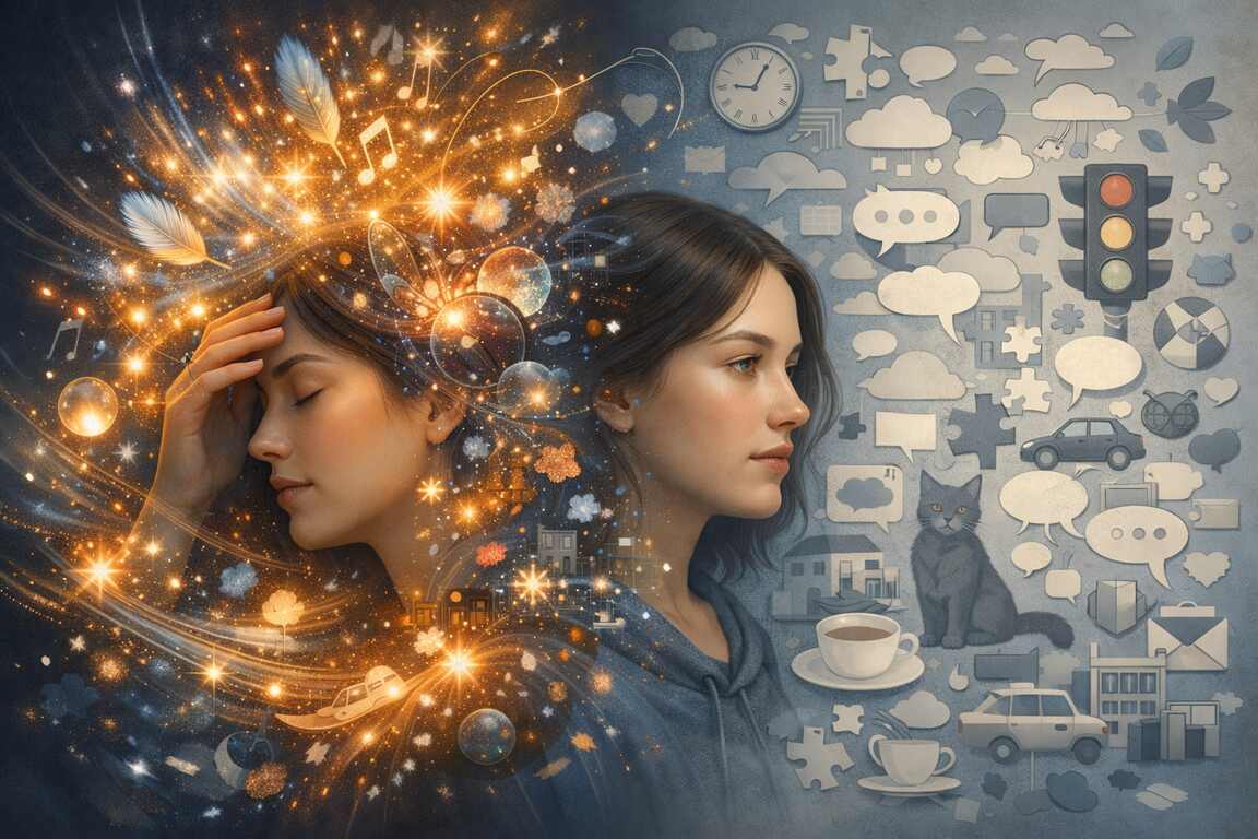 Conceptual illustration of hyper-intense stimuli alongside a lack of contextual filtering