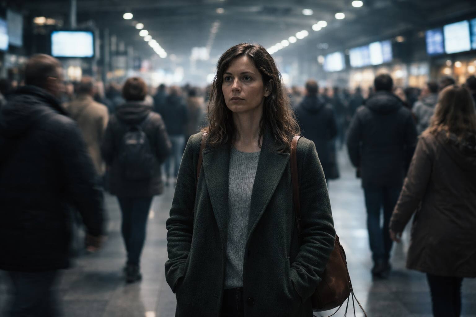 Une personne dans une gare animée où tous les stimuli arrivent avec la même intensité